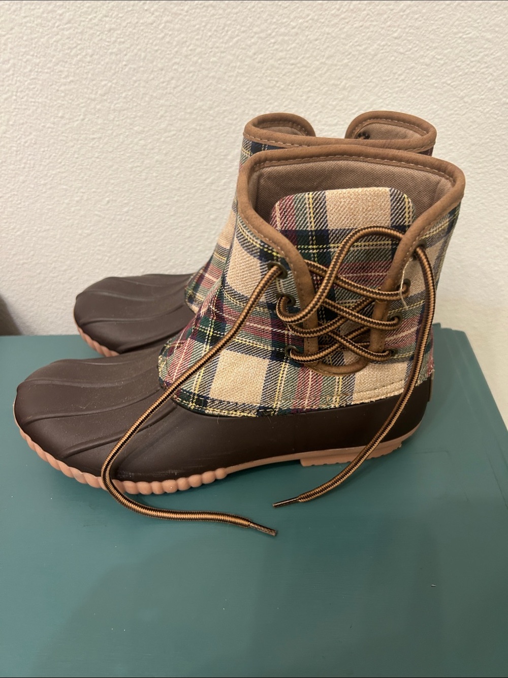 Plaid Lace-Up Duck Boots for Women - Brown/Tan